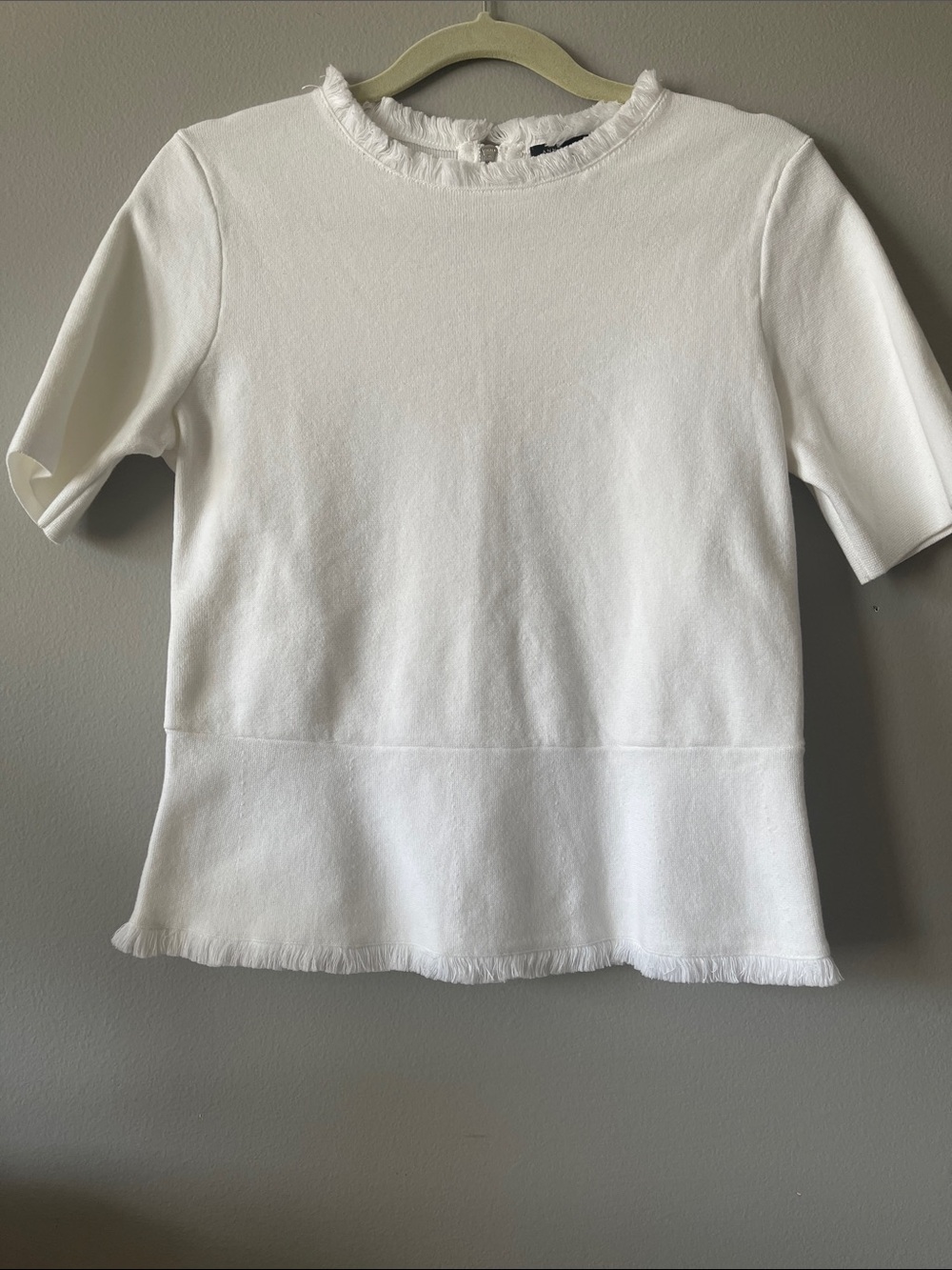 Ann Taylor White Short Sleeve Top with Frayed Trim